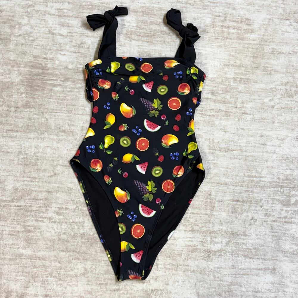 Wild Fable Womens Small Black Fruit Swimsuit Backless Chiquita Tropical Resort
